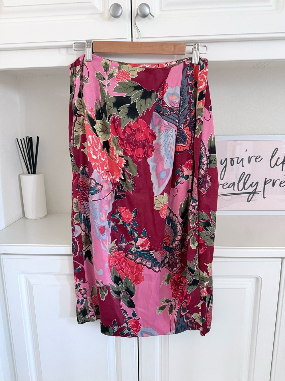 Anthropologie Wrap Midi Skirt in Pink and Burgundy